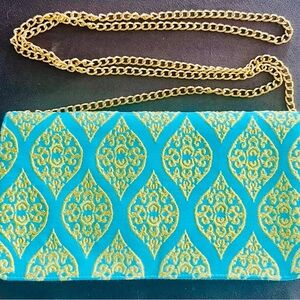 Shiraleah Gold and Blue Clutch with Elegant Pattern